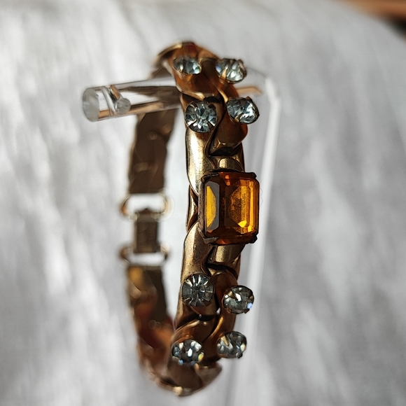 Vintage Gold Tone Signed KAFIN NEW YORK Link Bracelet Prong Set Topaz Citrine - Picture 5 of 16